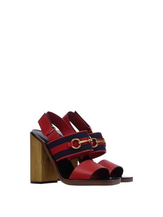 Gucci Shoes - Gucci Red and Navy Block Heel Sandals with Gold Horsebit